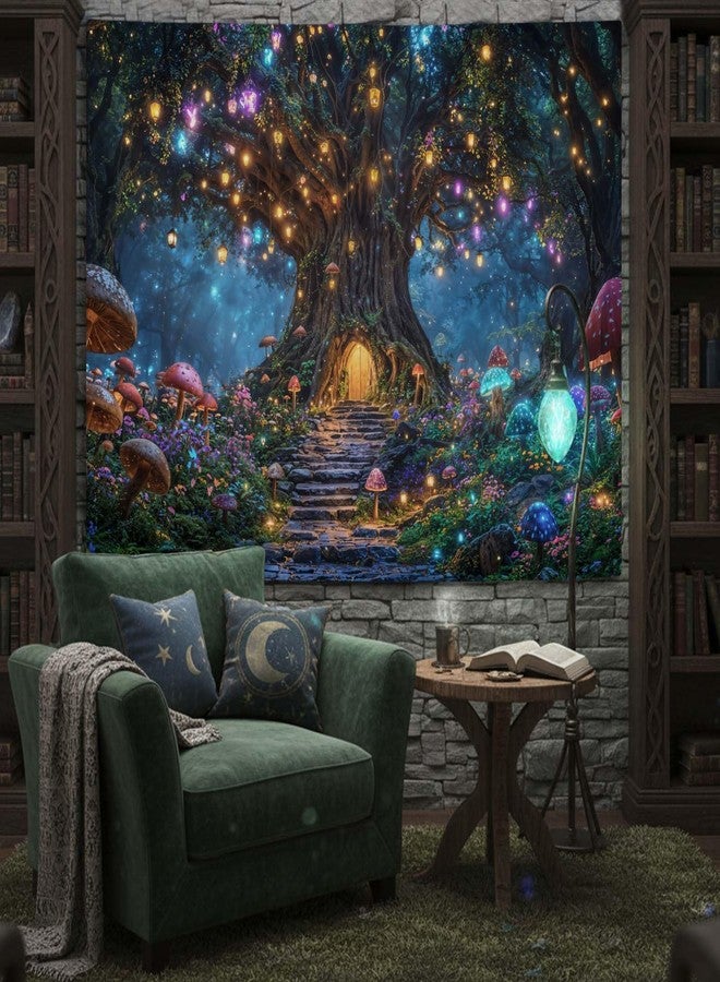 Lifeella Tree of Life Tapestry, Mushroom House Wall Art, Fantasy Forest Landscape Nature Art for Bedroom Living Room, 60x80 inches - Image 3